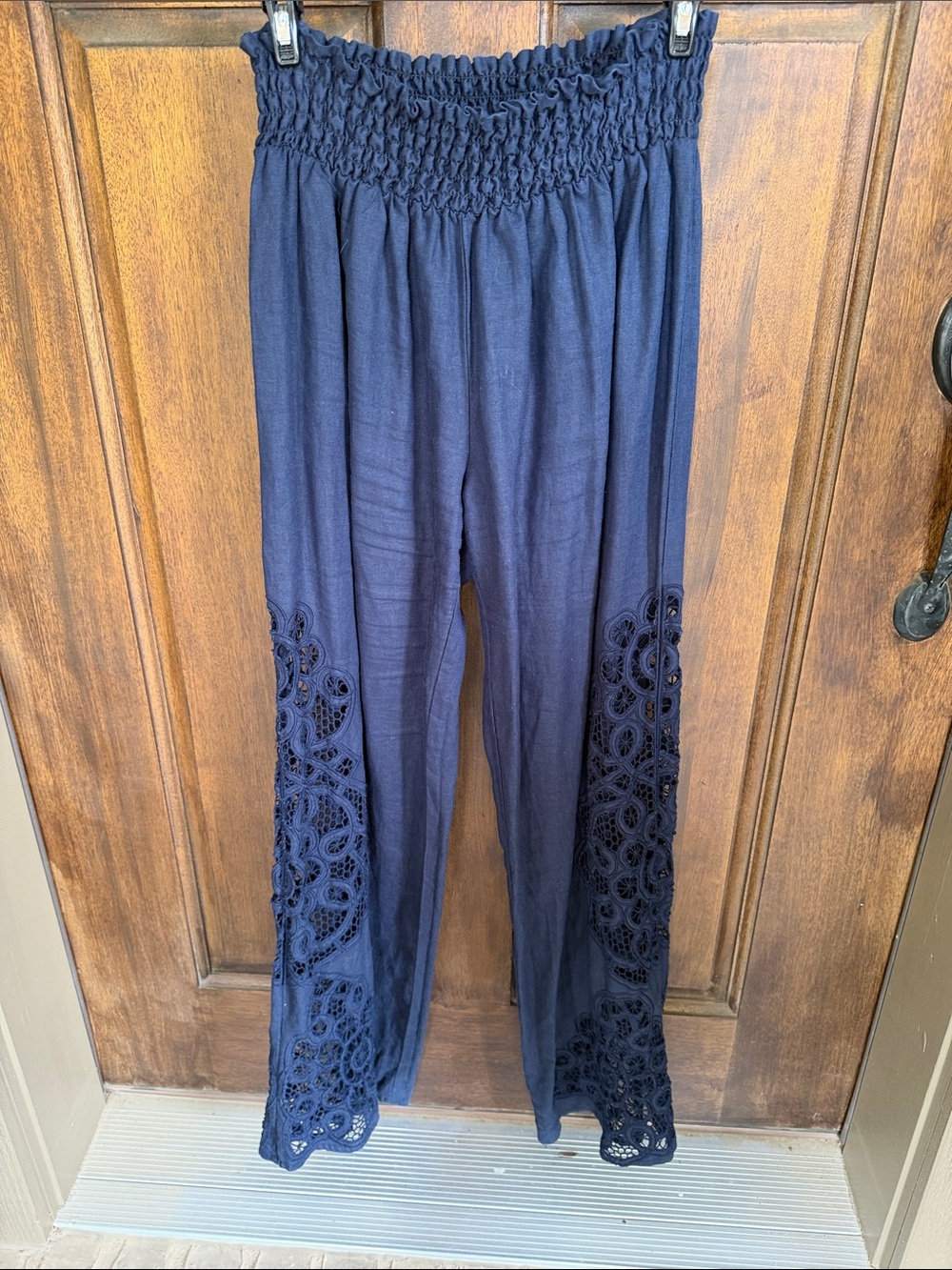 Johnny Was Brand: Navy Wide-Leg Linen Smocked Waist Pants with Crochet Inset
